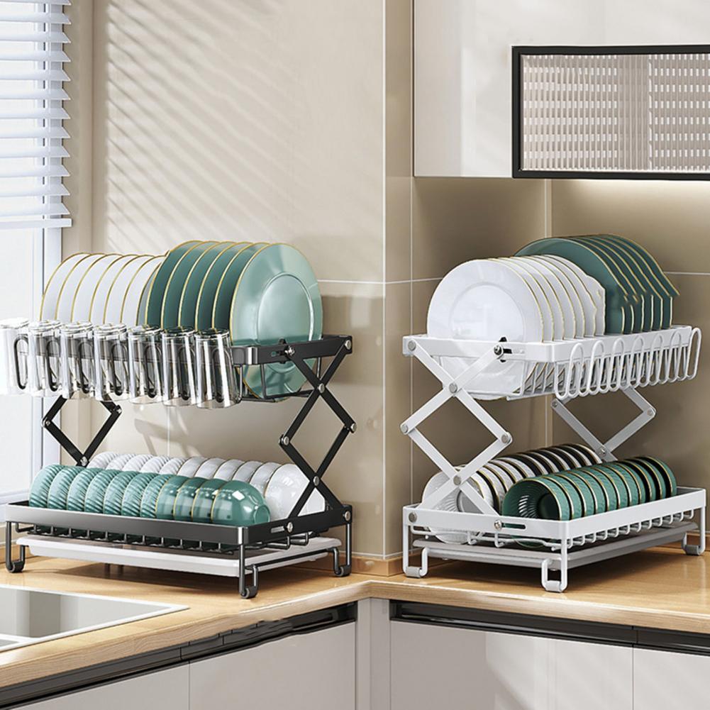 Drain Dish Rack with Wine Glass Holder Strong Load-bearing Height Adjustable 2-Tier Kitchen Counter Drying Rack Utensil Holder