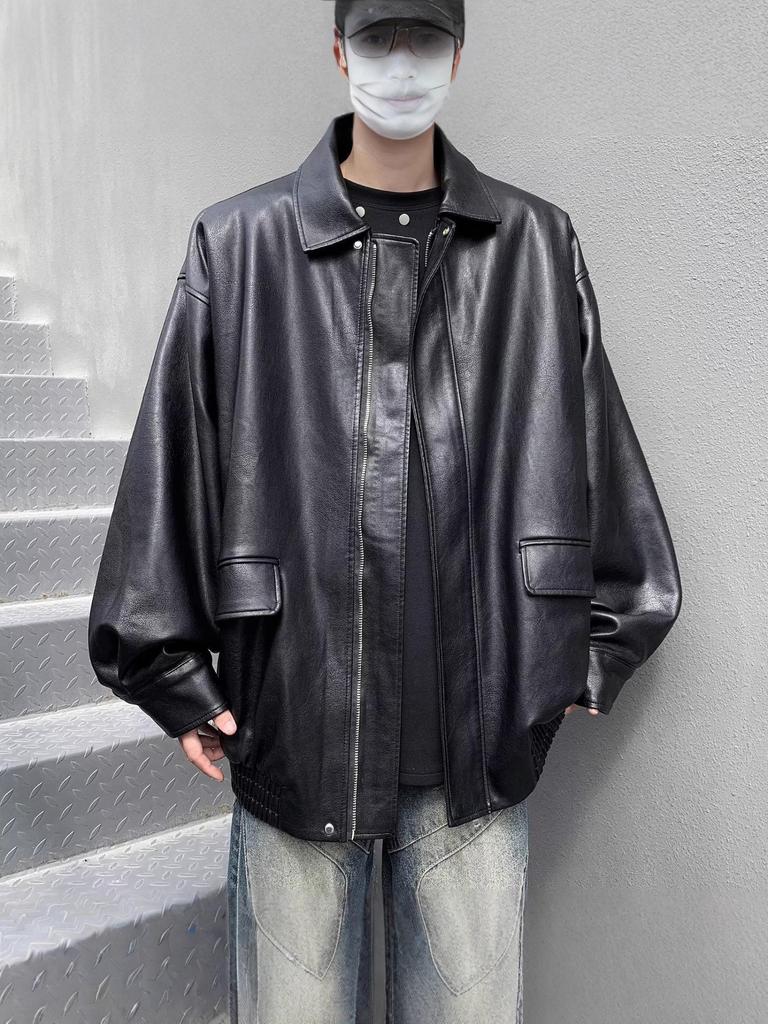 Men's Trendy PU Leather Motorcycle Jacket – Spring/Autumn, High-End Look, Handsome Casual Loose Fit, Lapel Design.