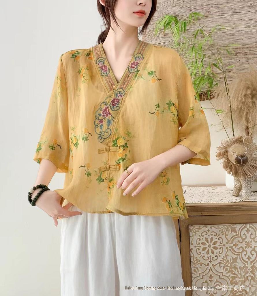 2026 Summer Women's V-Neck Retro Chinese-Style Ramie Shirt with Frog Buttons and Embroidered Prints