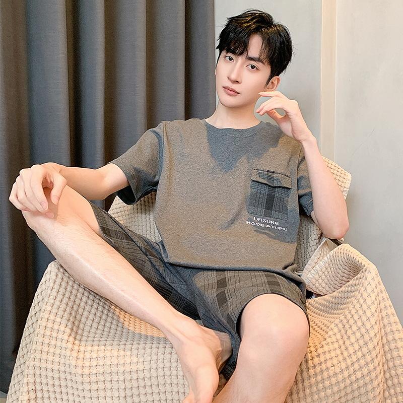 Cotton Nightwear Men Cartoon Bear Student Pajamas Homewear Youth Striped Tops and Pants Solid Sleepwear Loungewear