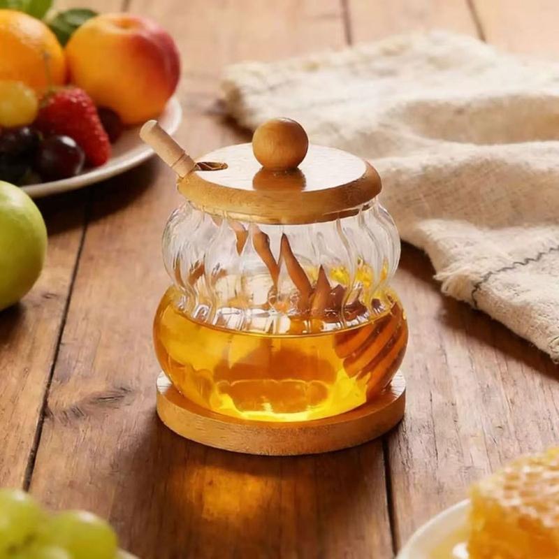 High Borosilicate Glass Jar Shatterproof Temperature Resistant Honeys Container Wood Stirring Stick and Lid for Kitchen