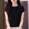1116 New Summer Loose Women's Clothing Solid Color Round Neck Thin Short Sleeve Knitted Ice Silk Mulberry Silk Knitted Sweater Top