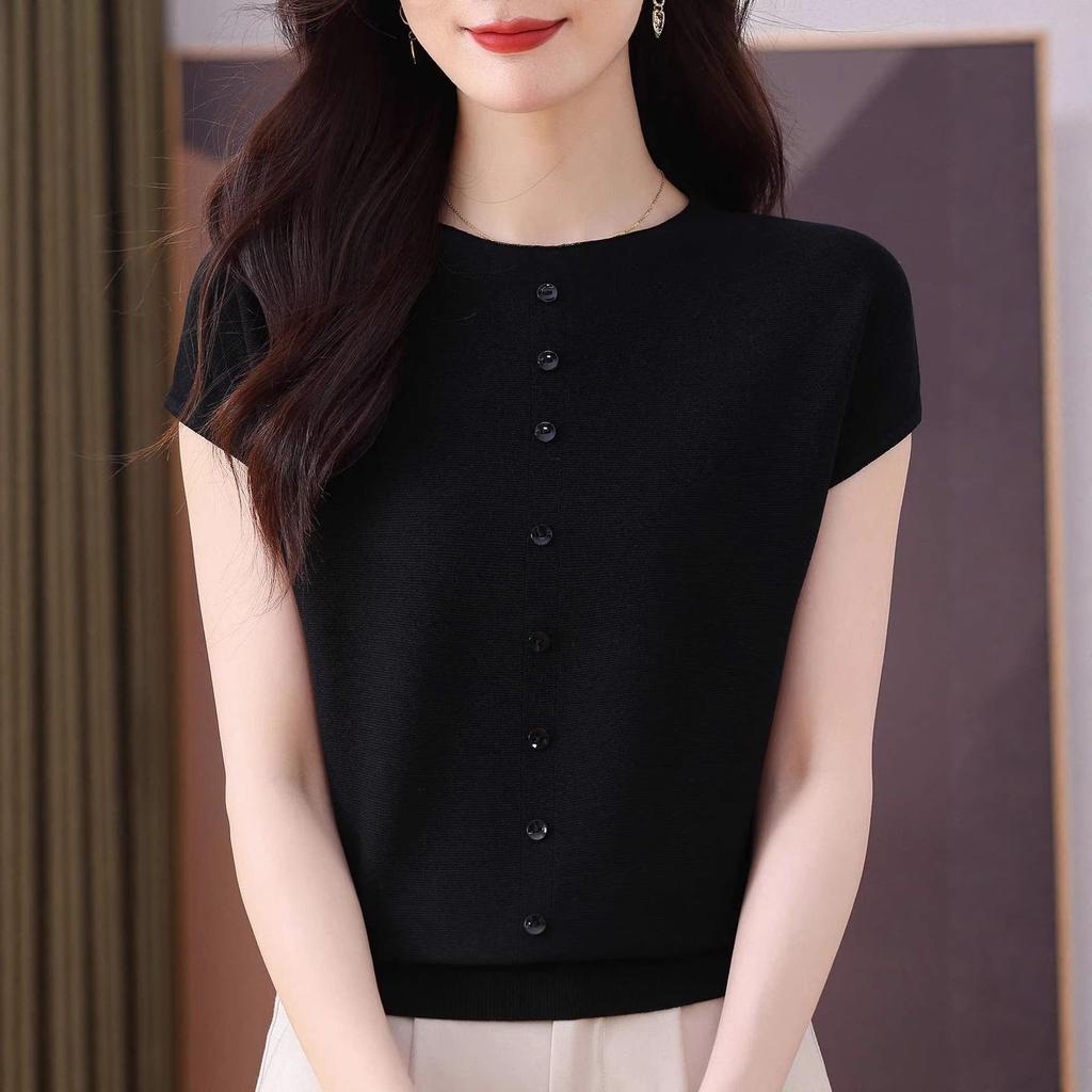 1116 New Summer Loose Women's Clothing Solid Color Round Neck Thin Short Sleeve Knitted Ice Silk Mulberry Silk Knitted Sweater Top