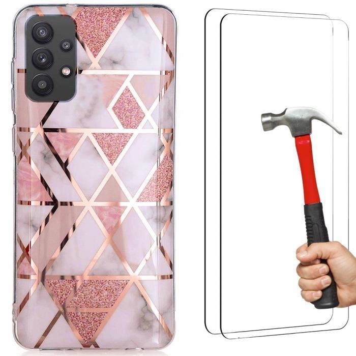 Coque pour Samsung Galaxy A32 5G avec 2 Verres Trempés, Protection Design Élégant Résistant Silicone Rose