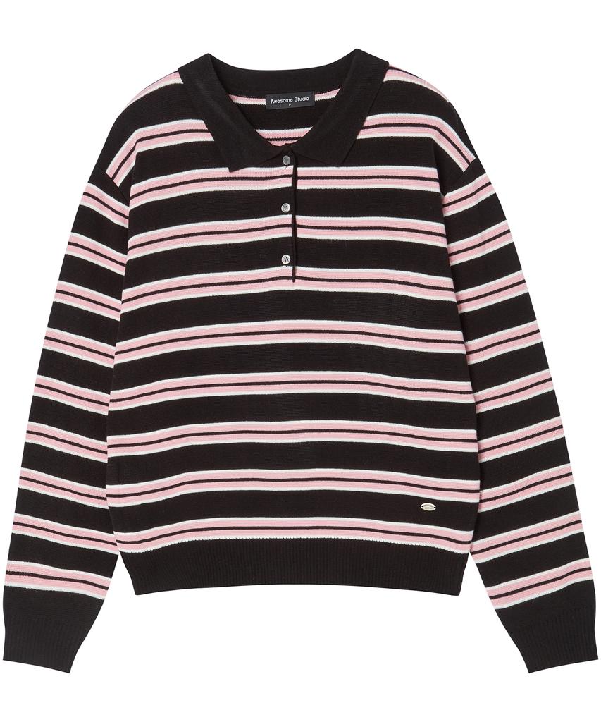 AWESOME STUDIO Multi-Stripe Collared Knit Black