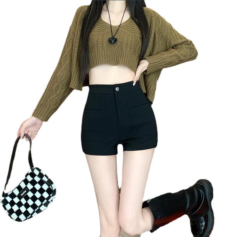 2024 New Women's High-Waisted Black Slimming Shorts: Petite Autumn/Winter Elastic Boot Shorts