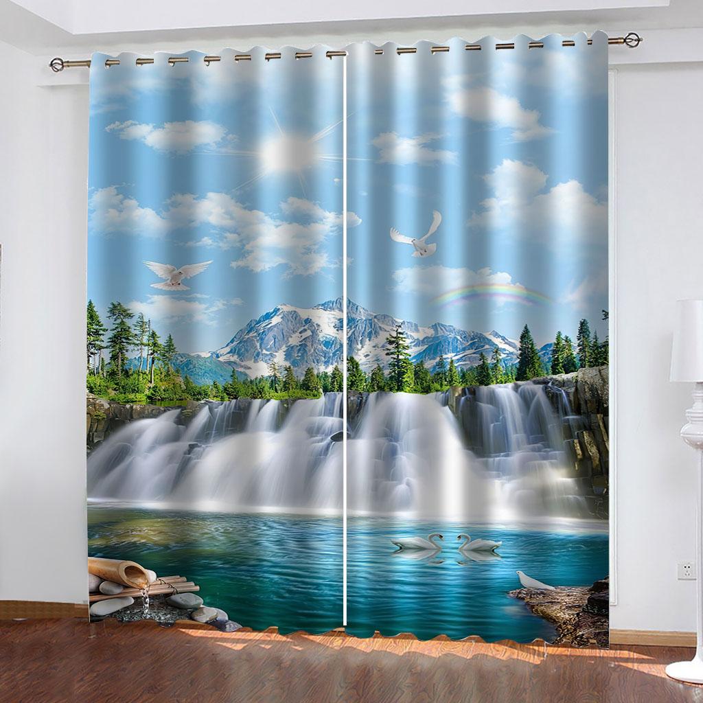 

Шторы для домов, комнат, 3D цифровая печать, лес, водопад, пейзаж, детская комната, затемняющие шторы, украшения W70xH160cmx2&Grommet Top
