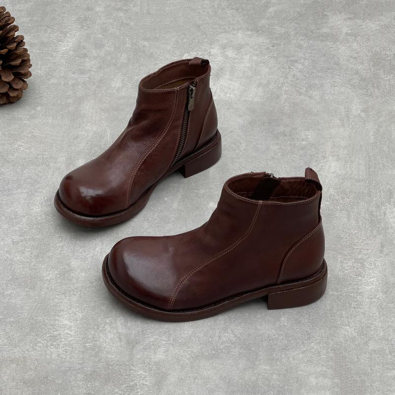 Stivaletti Singoli da Donna, Stivaletti Bassi a Punta Tonda con Zip Laterali, Scarpe da Donna