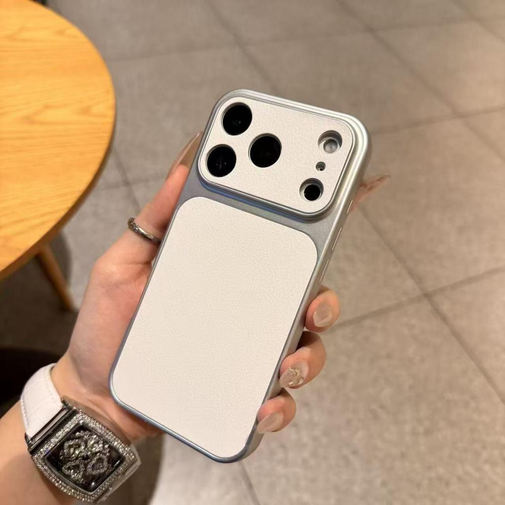 Leather Grain Silver Frame Large Window Phone Case for iPhone 17, Apple 16, Full Coverage, Drop-Proof Protective Case, 15 & 13 Compatibility
