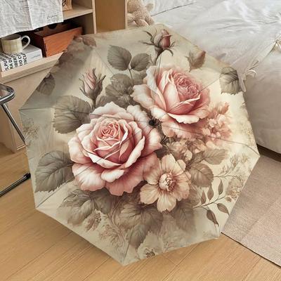 1PC Rose Floral Umbrella-8-Rib Reinforced, Automatic Open, Lightweight & Durable, Cute Fashion Accessory for Outdoor, Beach, or Casual Use, Beach Umbr