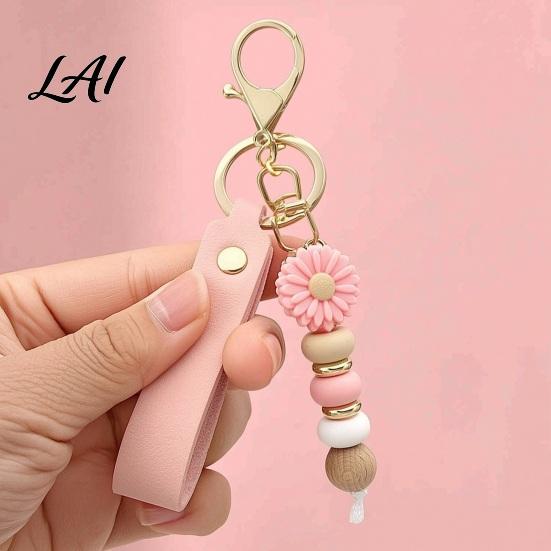 Decorative Handbag Charm Silicone Flower Keychain with Faux Leather Wristlet Car Key Ring Pendant Pendant Backpack Wood Beads Women