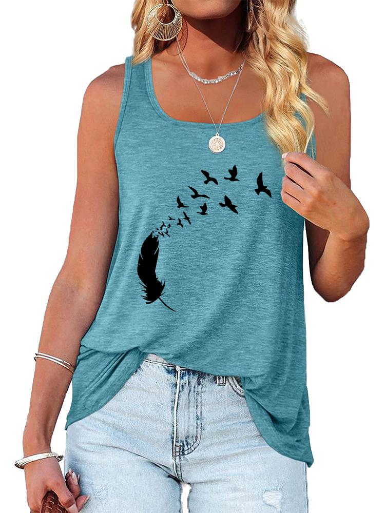 Women Fashion Print Sleeveless Top Summer Casual Round Neck T-shirt Pullover Loose Ladies Round Neck Tank Top