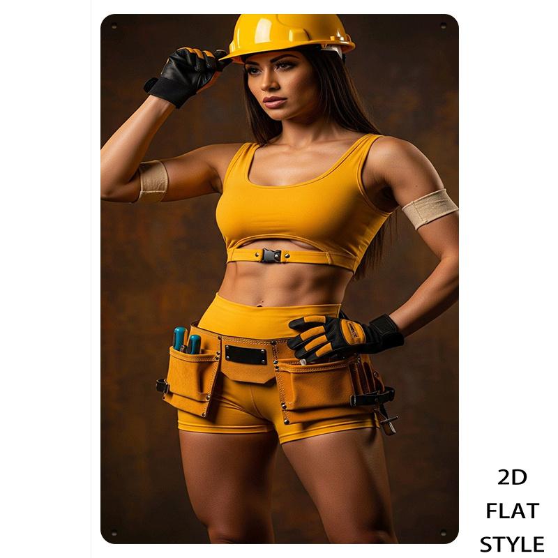 JIT D Flat Retro Metal Wall Art Sign Sexy Female Construction Worker Iron Decor Industrial Home Decor 20x30cm(7.8x11.8inch)