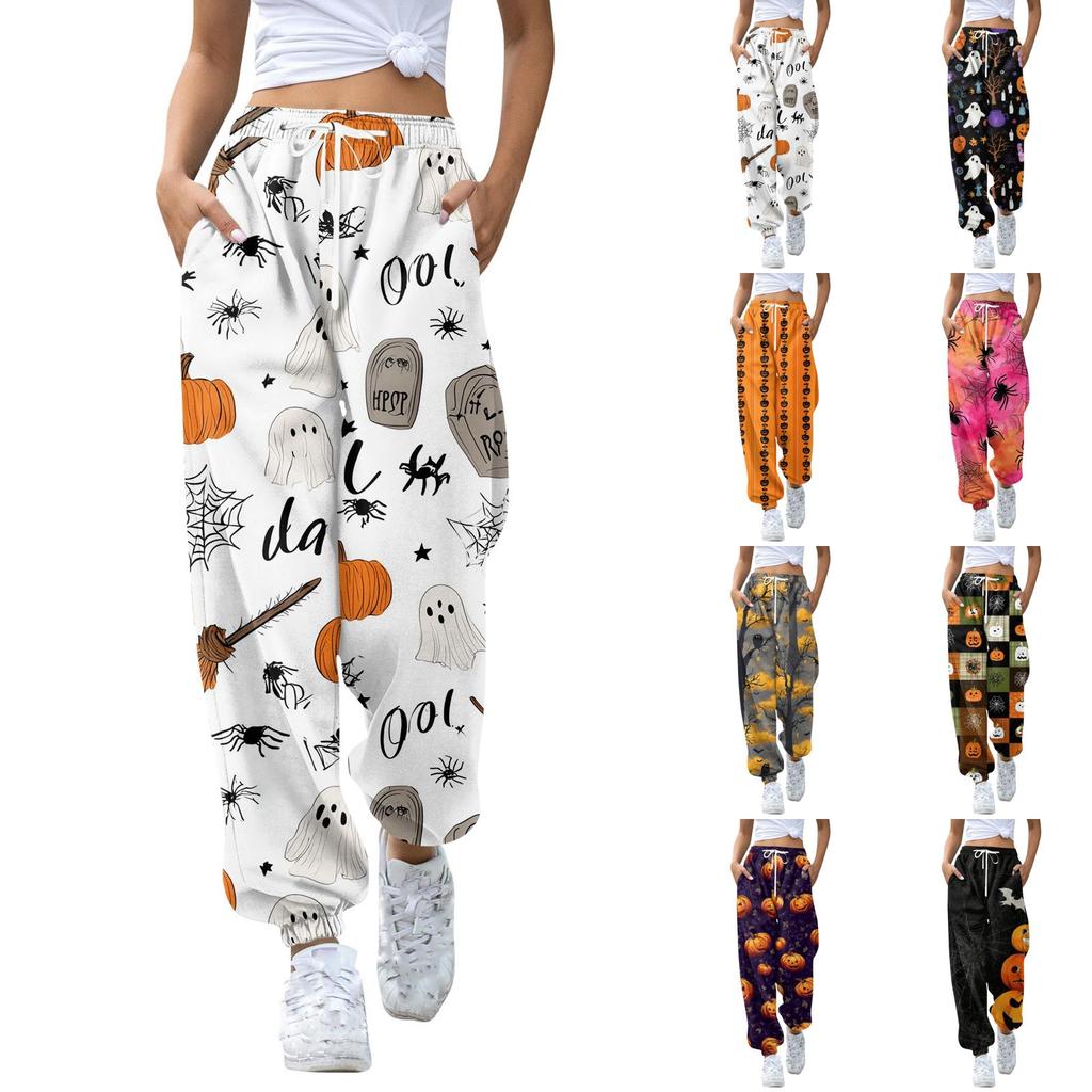 Women's Halloween Print Joggers with Drawstring Elastic Waistband and Cuffed Hem for Casual Everyday