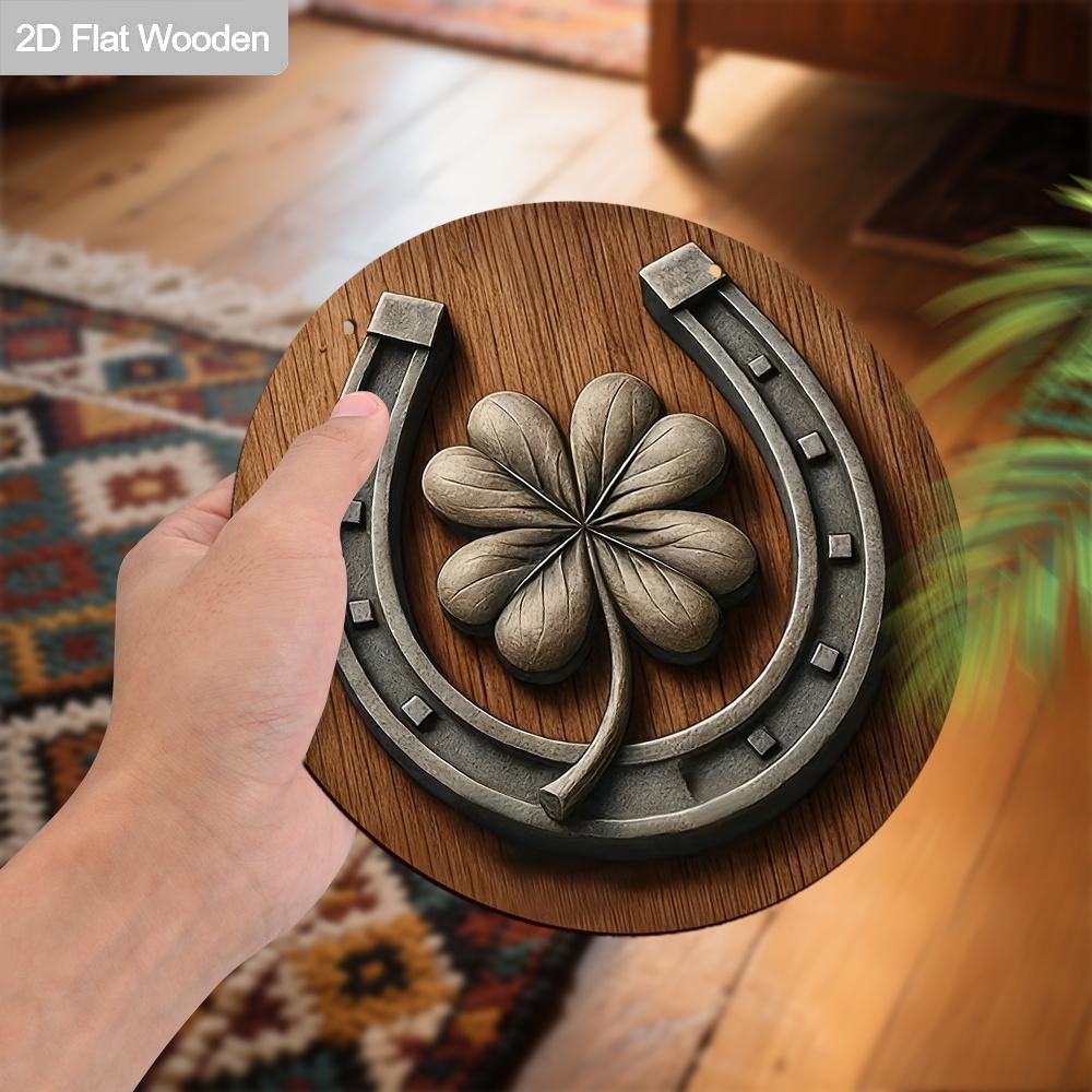 2D Flat 1pc Vintage St. Patrick's Day Four-Leaf Clover Horseshoe Wooden Sign Round Ornament, Home Office Bedroom Living Room Garage Garden Balcony