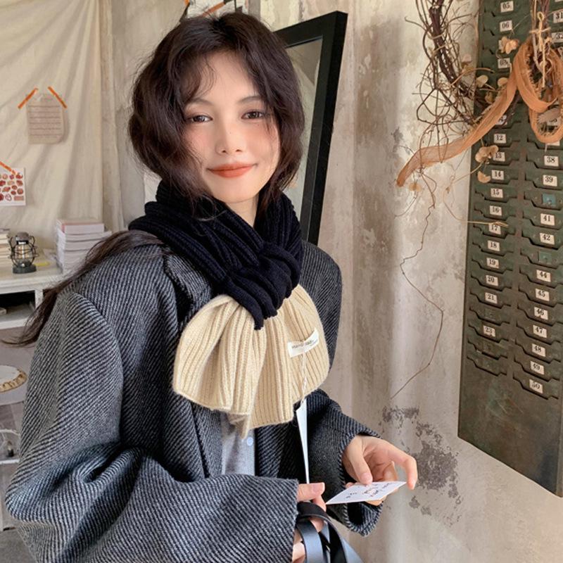 Colorblock Knit Small Scarf: Women's Autumn Winter Korean Style, Warm & Versatile for Students & Couples, Solid Color Snood