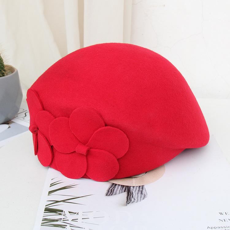 Autumn And Winter New British Woolen Felt Hat Dome Fashion Top Hat European And American Temperament Flower Stewardess Beret