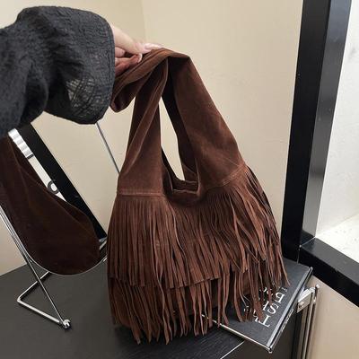 Dámská matná ležérní hobo kabelka z umělého semiše s třásněmi přes rameno, velkokapacitní vintage nákupní taška, dámská taška na dojíždění