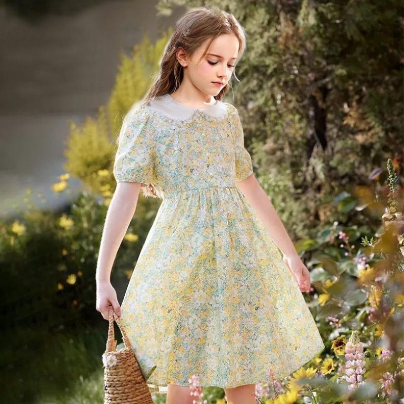 Сладкое платье с цветочным принтом для девочек, летнее детское платье принцессы с коротким рукавом 120