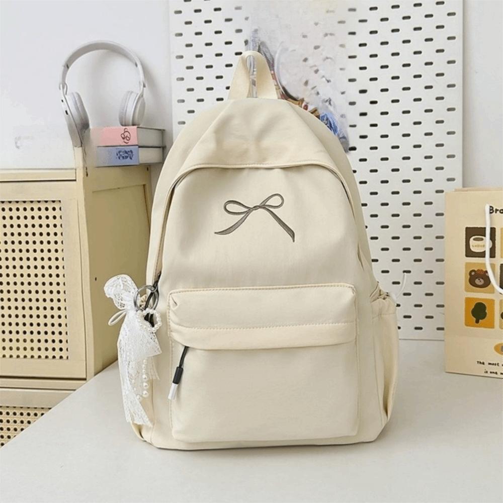Mochila Bordada con Lazo Portátil para Niñas Color Sólido Nylon Mochila Escolar para Estudiantes Gran Capacidad Ligera Mochila de Viaje