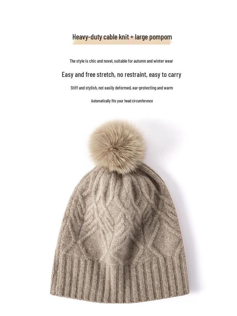 Cashmere Hat with Detachable Fox Fur Pompom, Cable Knit, Warm Ear Protection, Street Style for Autumn & Winter