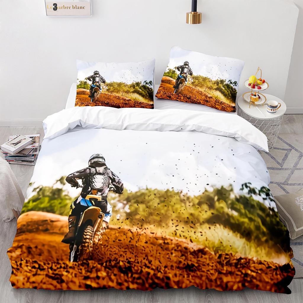 3D Digital Printing Three-Piece Set, Motorcycle Quilt Cover Bed Sheet Kit