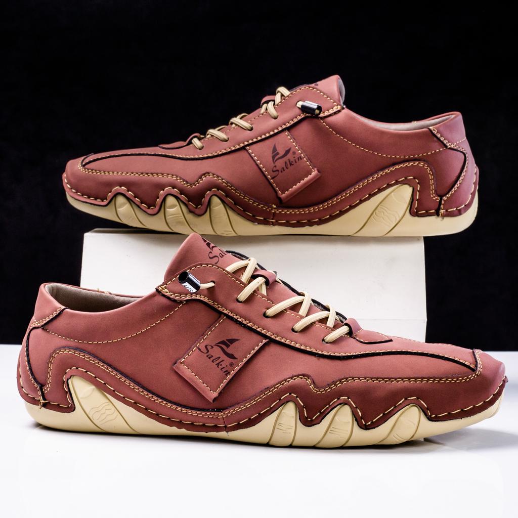 Autumn Handmade Leather Casual Shoes for Men Simple Beige Soft Loafers 2025 Trendy Breathable Male Driving Shoes Large Size 49