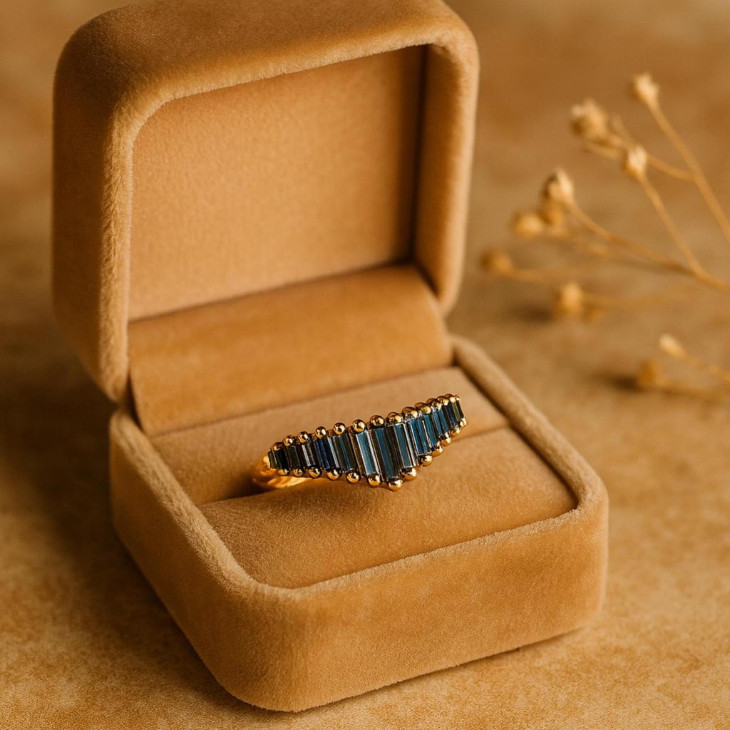 Chevron Aquamarine Baguette Ring – Blue Gemstone Band in Yellow Gold plating - 925 Sterling SIlver Jewelry Gift