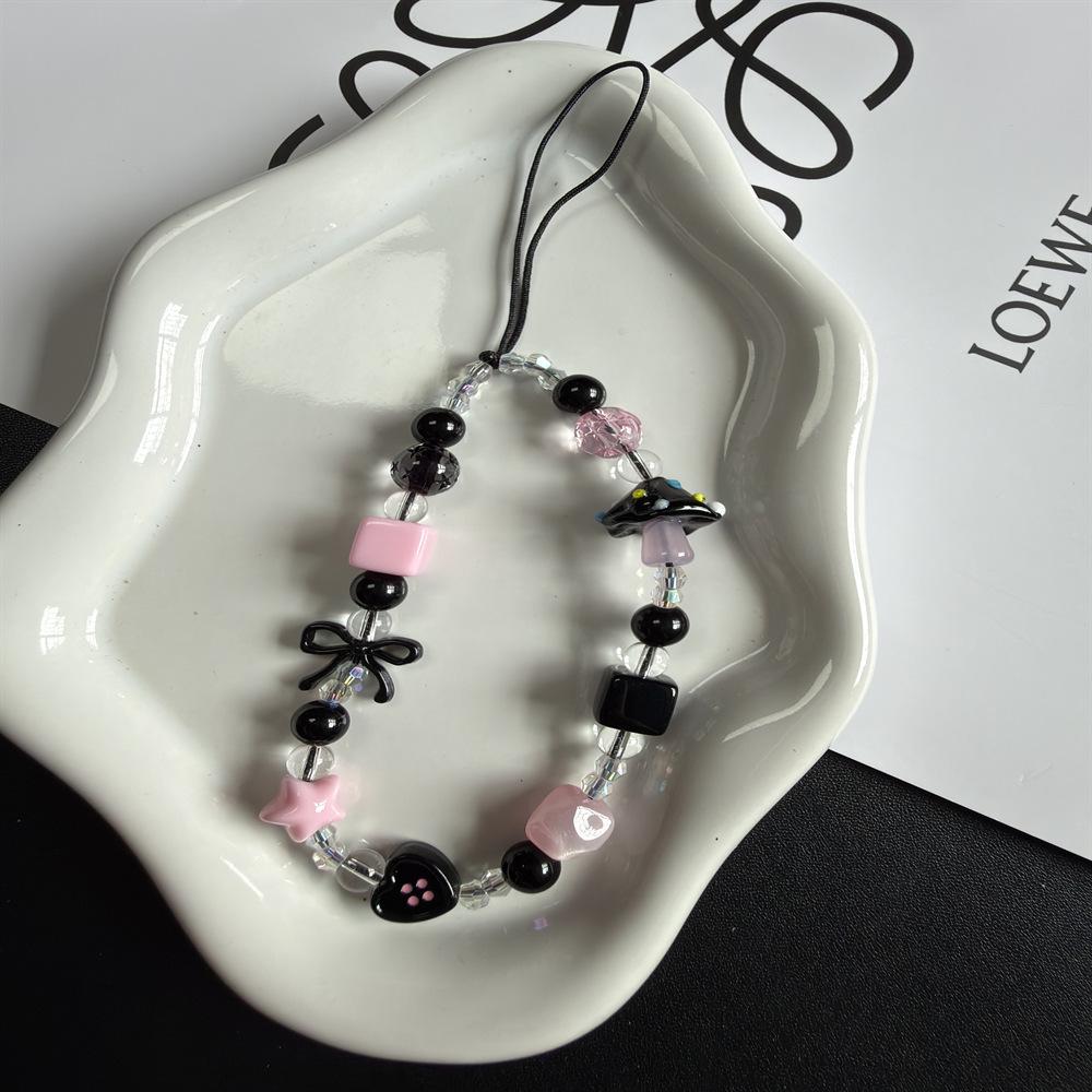 Elegant Black Beaded Mushroom Phone Case Lanyard with Cute Camera Charm