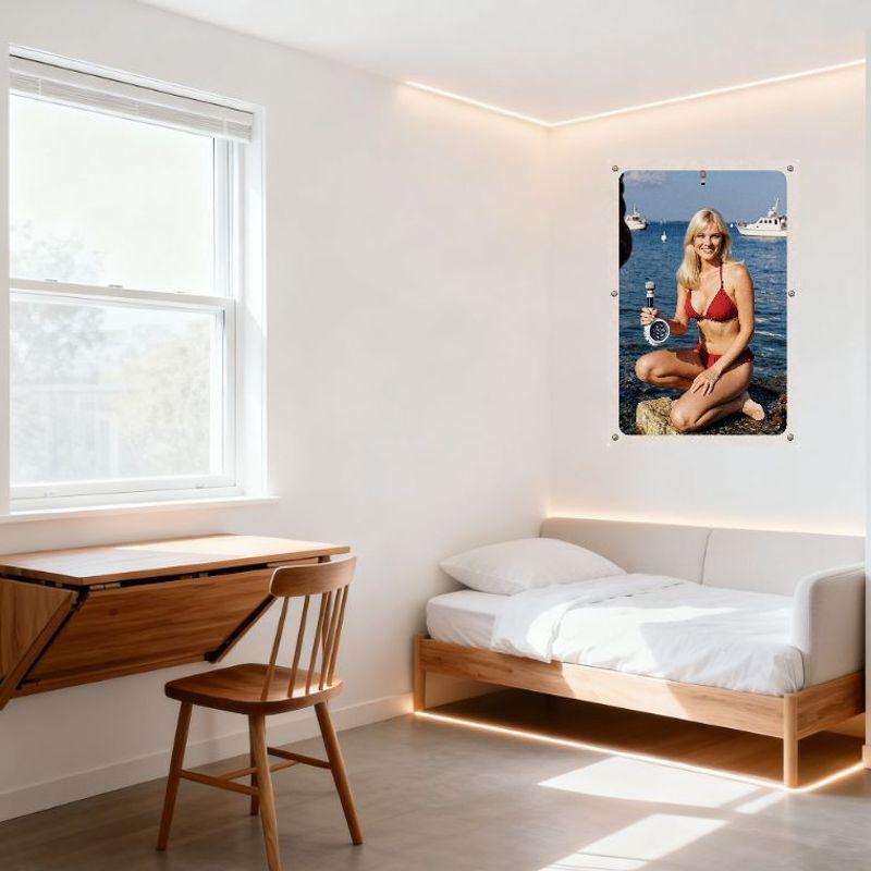 Summer Beach Blonde Woman Red Bikini Seaside Rocky Shore Tin Sign Vintage Metal Poster Wall Decor for Home Bar Pub 8x12 Inch