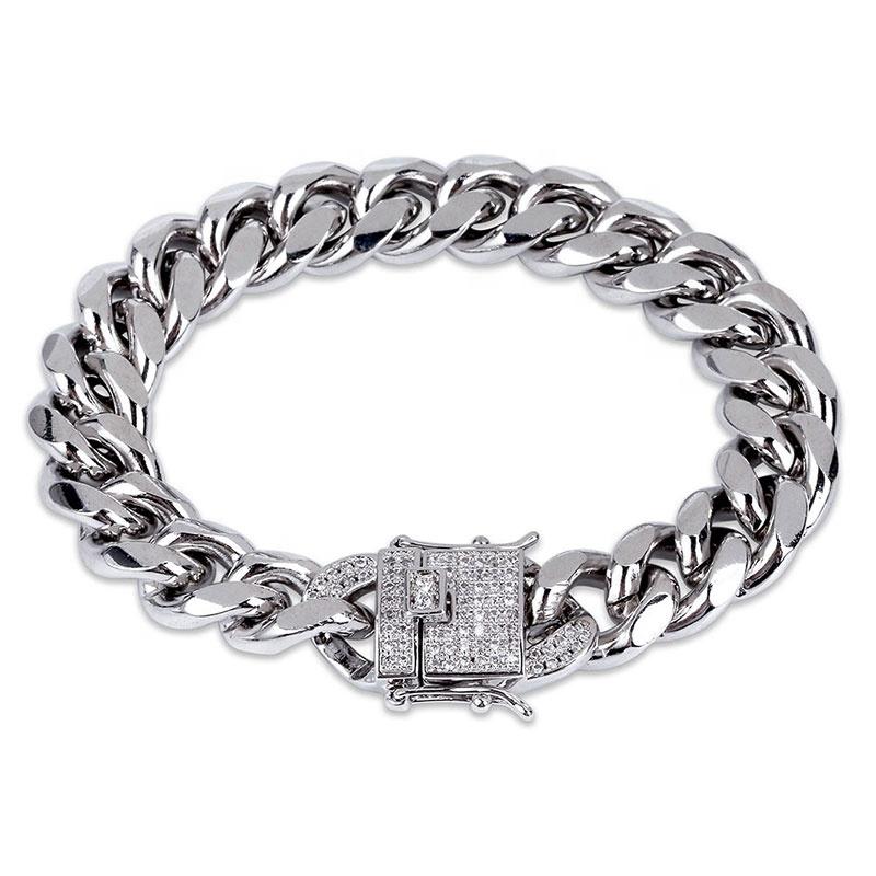 New Hip Hop Bracelet Gold Silver Color Cubic Zirconia Stone Buckle 12mm Width Cuban Chain Bracelets Charm Jewelry for Men Women