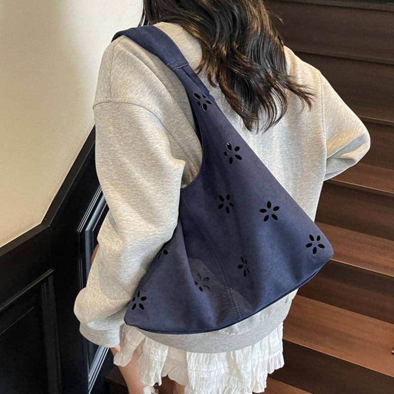 Faux Suede Women's Hollow Flower Shoulder Bags Matte Leather Female Underarm Bag Vintage Large Capacity Female Tote Handbags