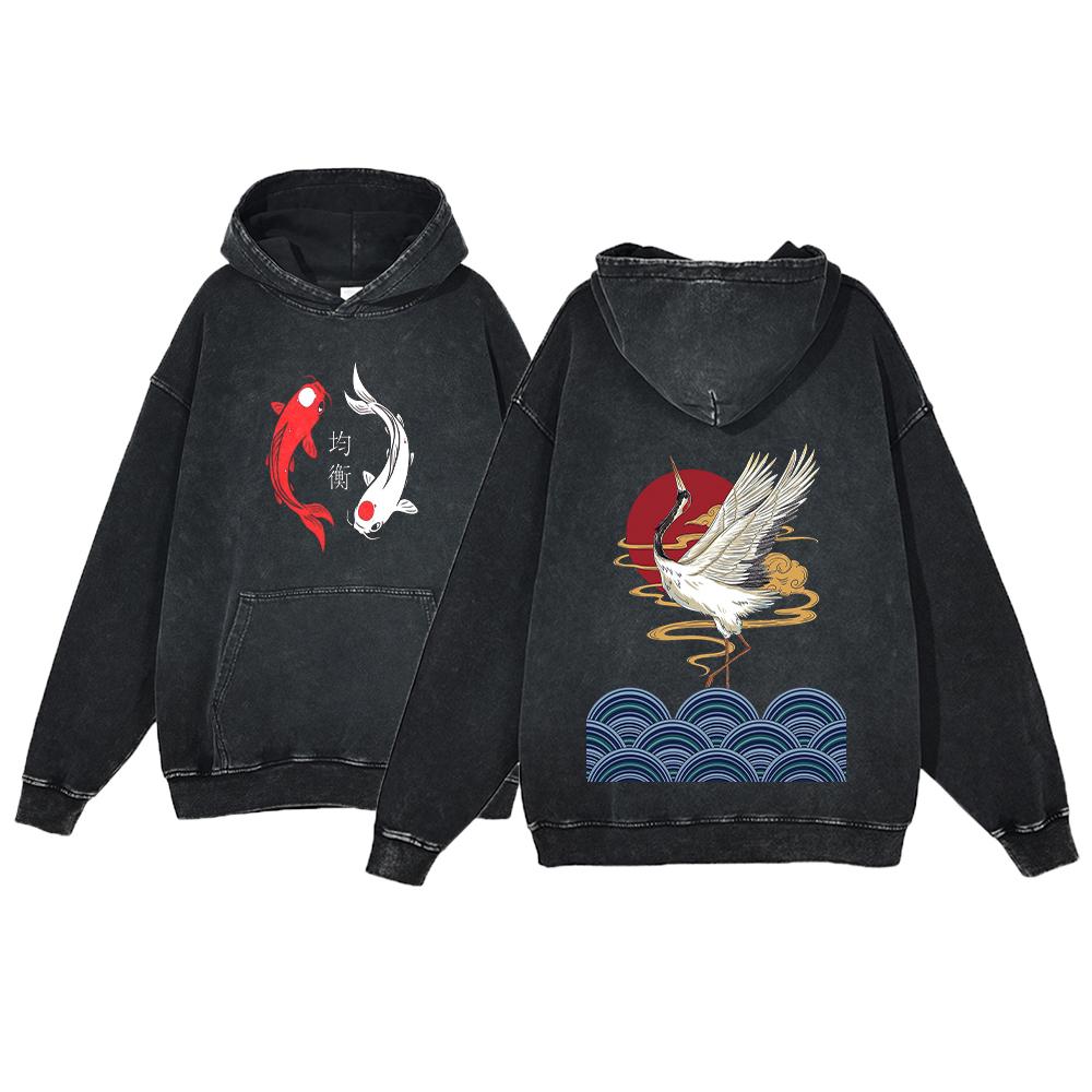 Y2K Anime Hoodie Ukiyoe Koi Fish Vintage Acid Wash Sweatshirt Men Hip Hop Hoodies Long Sleeve Oversized Pullover