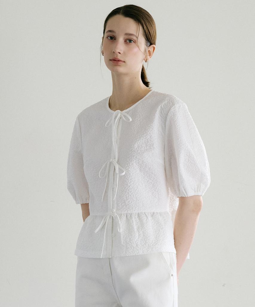 Ollibeudeollibeu Embossed Texture Ribbon Volume Sleeve Blouse Ow6Xb4020