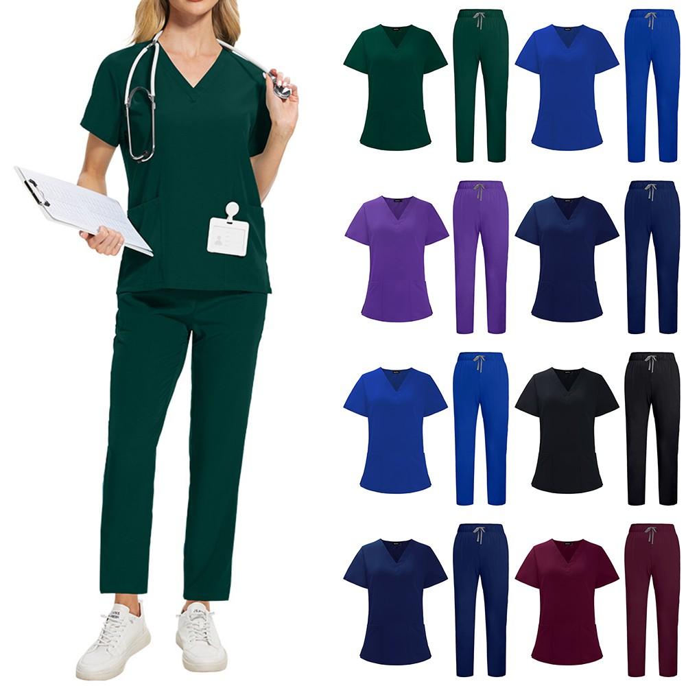 Soild Scrub Arbeitsuniform Anzug für Damen Kreuz V-Ausschnitt Kurzarm Fun T-Shirts Arbeitskleidung T-Shirt mit Taschen