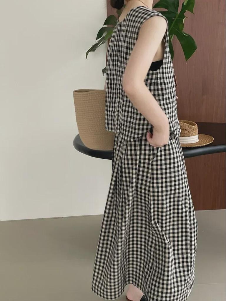 Taochuan Japanisches Retro-Karomuster Ärmellose Weste & High-Waist Elastisches Rock-Set für Damen