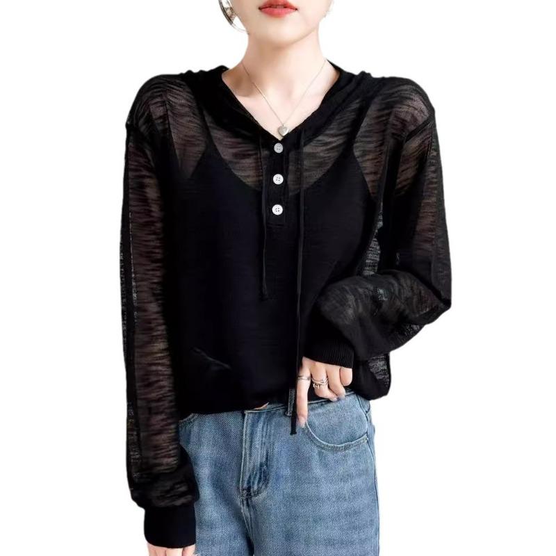 Nový letní lněný pletený svetr s kapucí s bambusovým žebrováním a jednobarevnou ležérní základní vrstvou