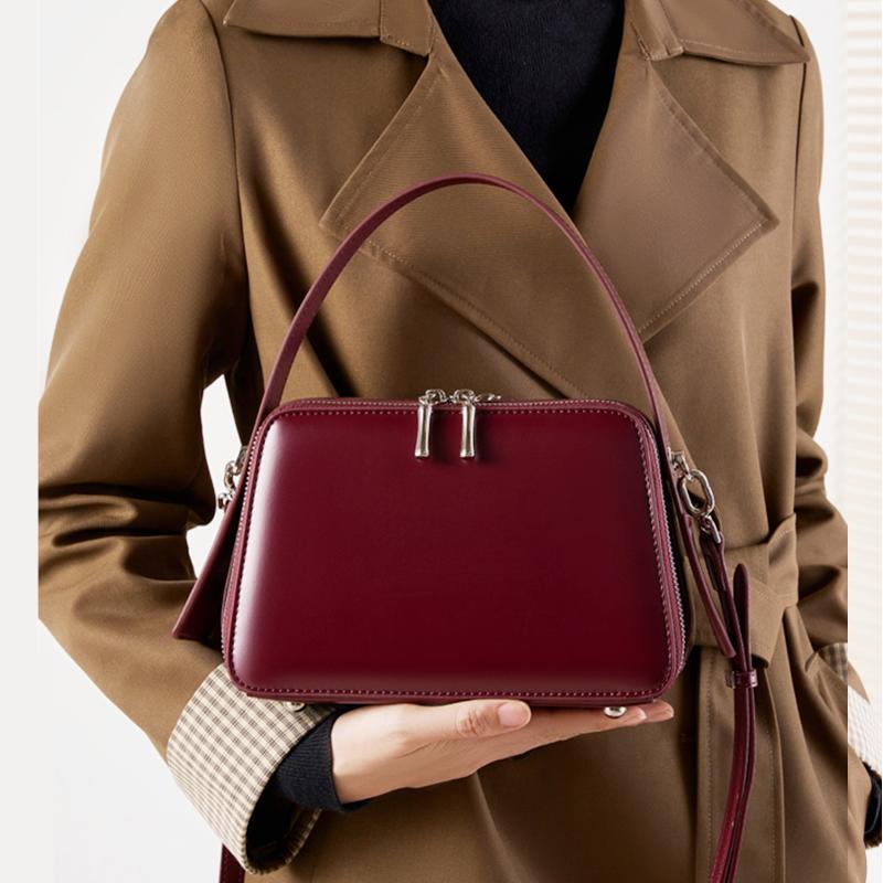 HIFASHION Smooth Cowhide Leather Top Handle Bags Women Casual Work Daily Small Shoulder Crossbody Purses Square Ladies Handbags