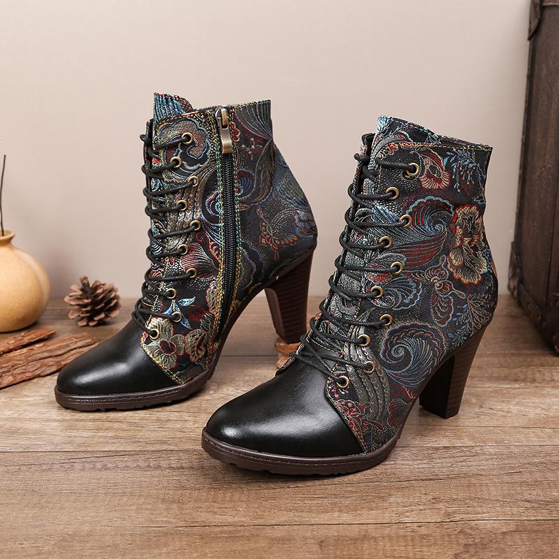 Johnature Bokacsizma Női cipő Valódi bőr etnikai stílusú hegyes orrú, kézzel készített divatos magassarkú modern csizma