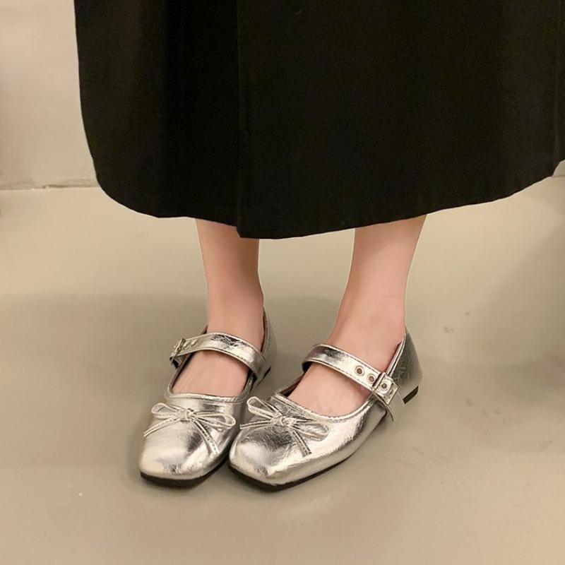 Bow Flats Autumn New Fashion Square Toe Shallow Suede Bow Metal Buckle Slip Strap Soft Sole Low Top Shoes