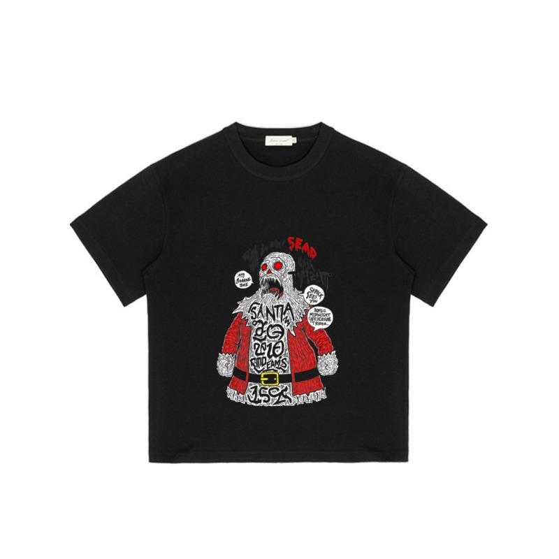 Black T Shirt with Santa Claus Skull Design and Text for Casual Wear