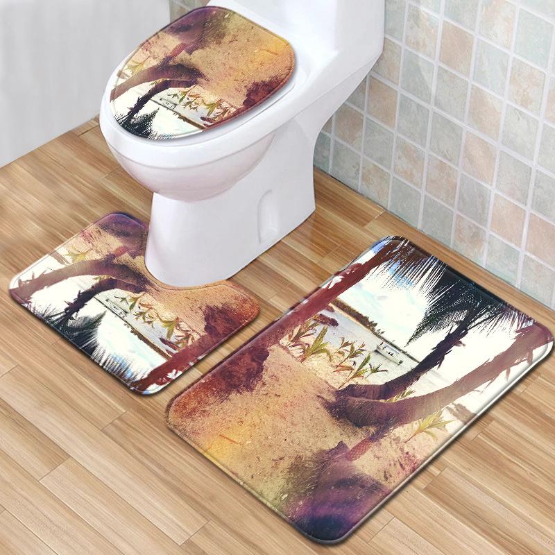 Beach View Bathroom Floor Mat Three-Piece Toilet Carpet Toilet Mat Set Door Mat Bathroom Non-Slip Mat