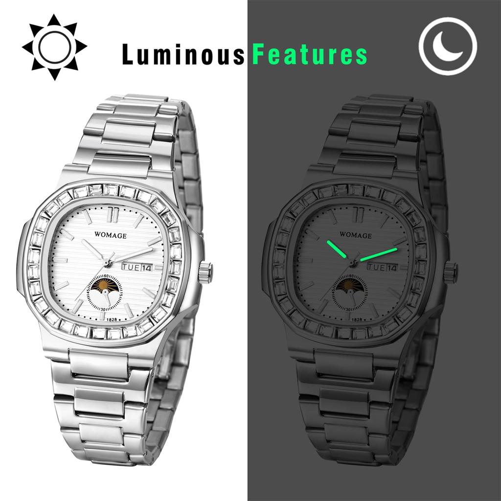 Stainless Steel Diamond Watch in Luminous Analogue Quartz Watch with Gold Perfect Gift for and Day Men's Silver Calendar, Waterproof, - Birthdays,