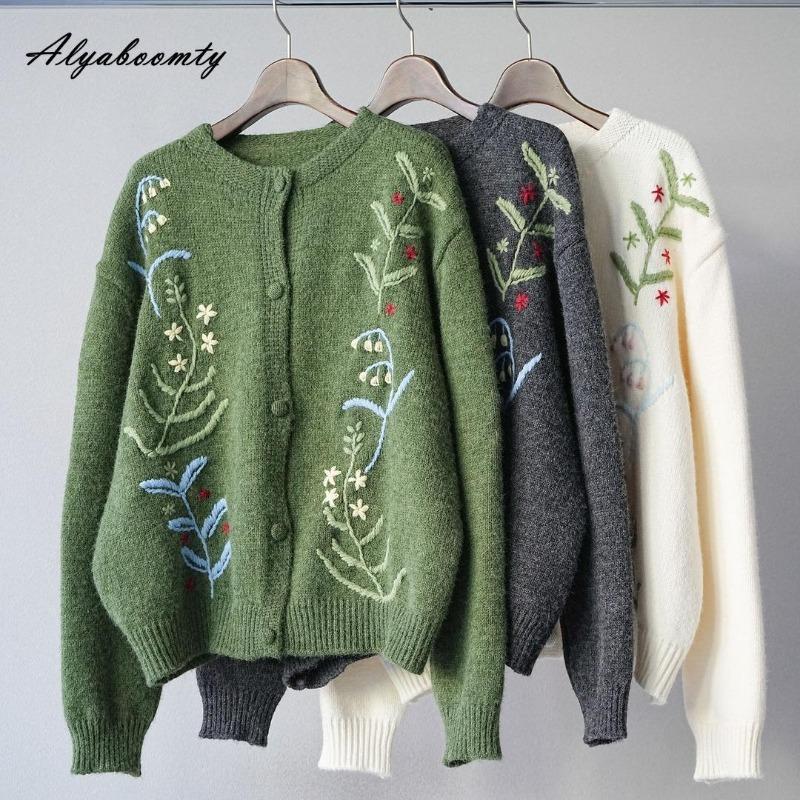 Korean Fashion Autumn Winter Women Knitted Cardigan Beige Grey Green Floral Embroidery Knitting Sweater Elegant Vintage Warm Outerwear