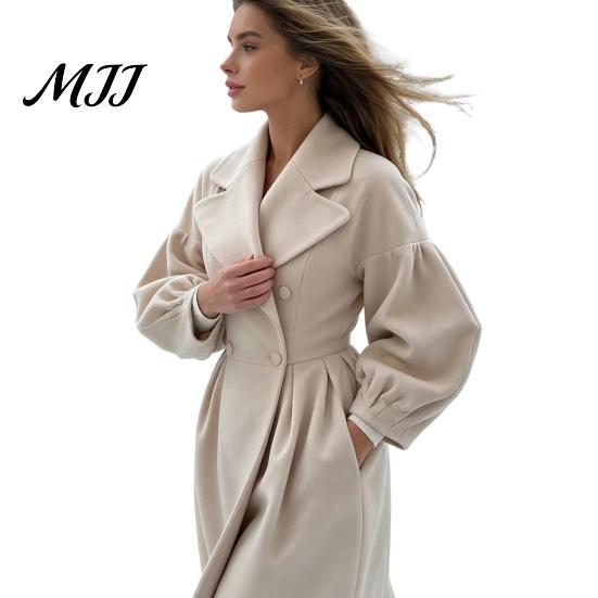Casual Long Coat Women Wool for Fall Winter, Lantern Sleeve Winter Notch Lapel Overcoat, Double Breasted Trench with Pockets