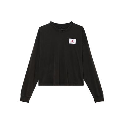 T-shirt essentiel à manches longues et col rond de couleur unie avec imprimé logo tissé, épaules tombantes pour femme, noir CW6454-010