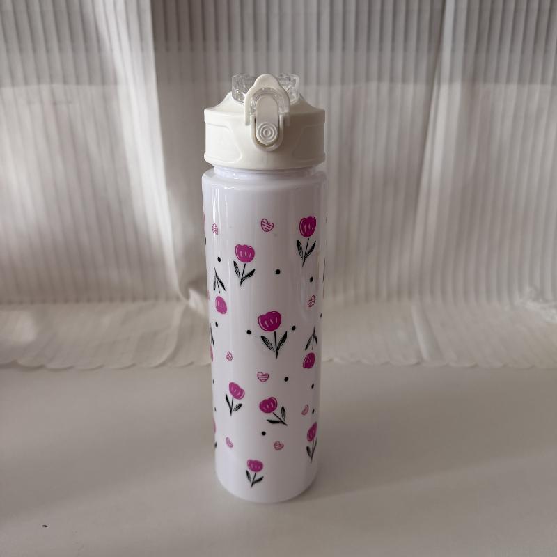 750ML Cute Floral Printed Water Bottle Cartoon Strawberry Bow Pattern Fadeless Portable for Picnic Beach Outdoor Use
