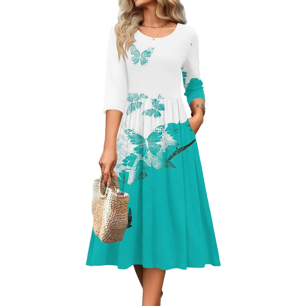 Rochie de damă cu mâneci 3/4, casual, fluidă, în A, midi, tip tricou, cu buzunare, cu gât rotund, pentru vacanță, boho, de plajă, de vară