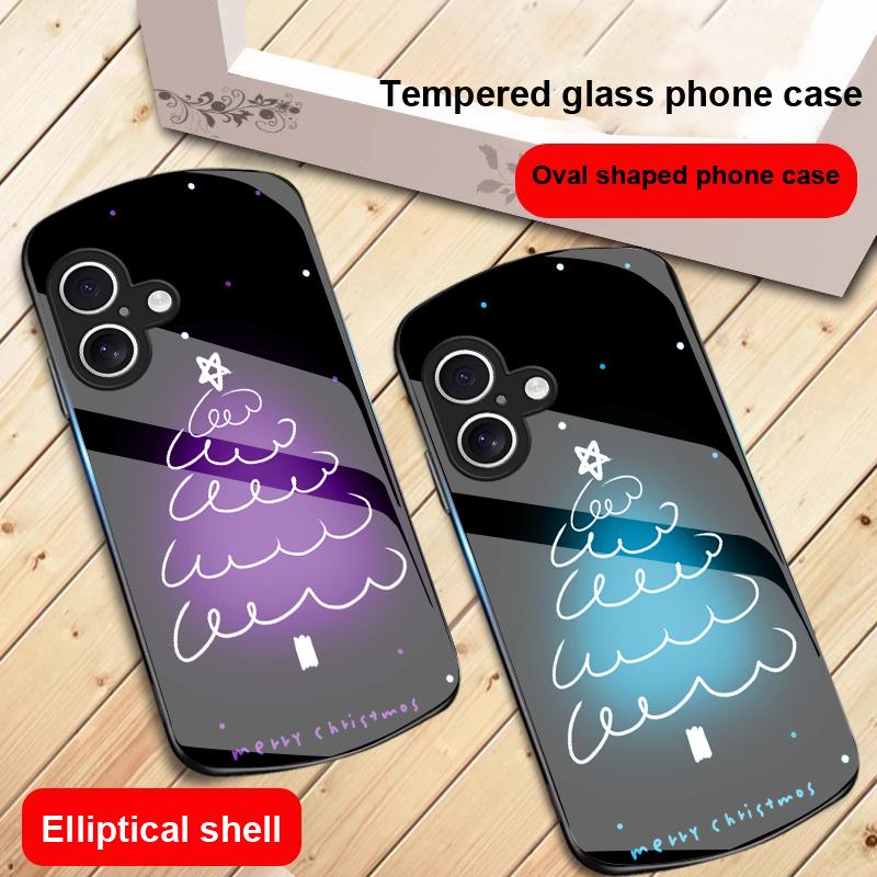 White Line Christmas Tree For iPhone 17 16 15 14 13 Plus 12 Mini 11 Pro Max XR Xs Max X 7 8 6S 22 20 Elliptical Glass Phone Case