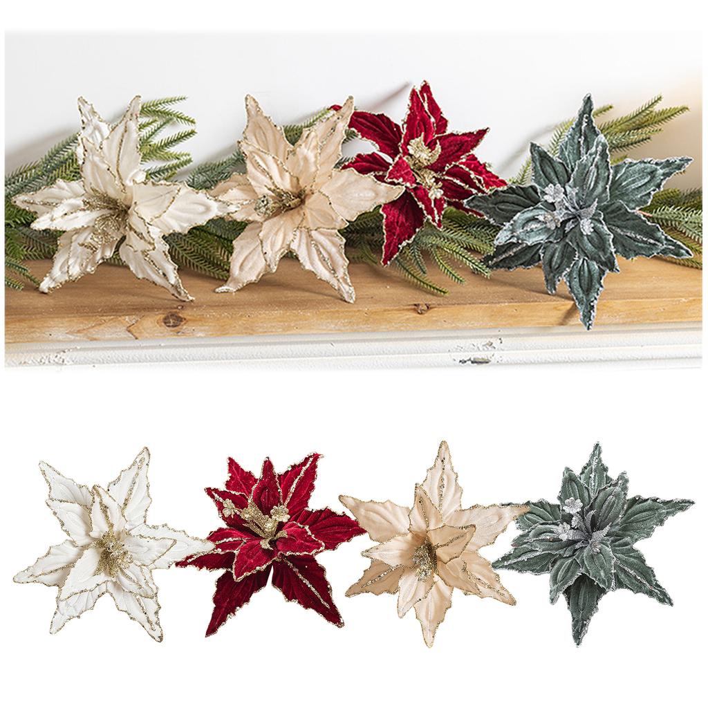 26cm Artificial Christmas Flower Glitter Red Velvet Cloth Simulation Flower Flower Hanging Ornament New Year Home Decors